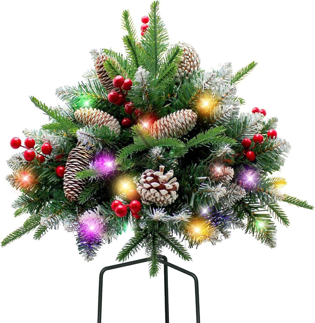 Lighted Outdoor Christmas Tree Urn Filler, Pre-lit Artificial Xmas Pine Trees with Tripod Stake, Outdoor Light Up Christmas Planter Filler