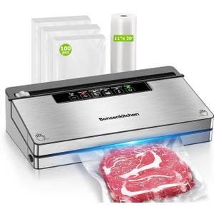 Bonsenkitchen Vacuum Sealer Machine, Stainless Steel Food Sealer Vacuum Sealers with 100 Bags & 1 Roll Bag, 5 Food Vacuum Modes, Built-in Cutter & Bag Storage, Silver-Black