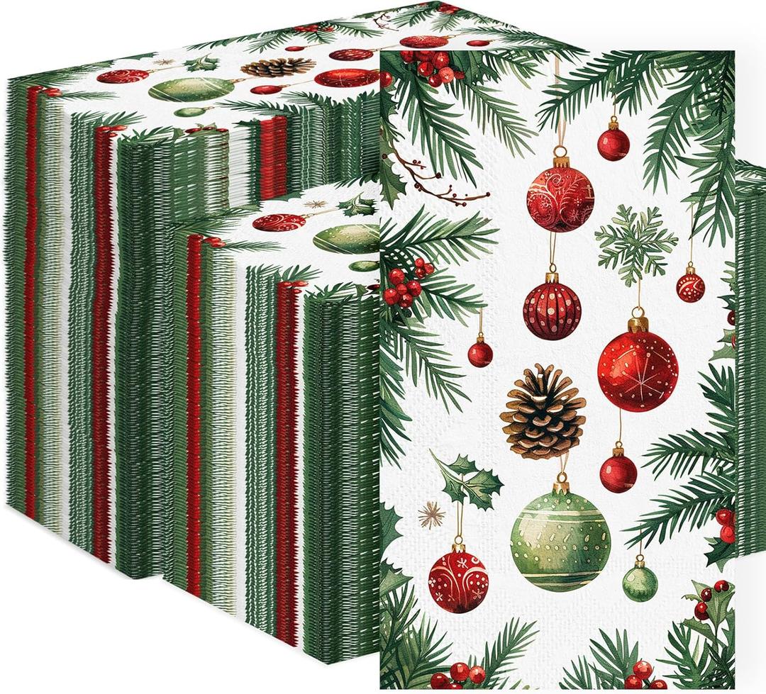 3-Ply Christmas Paper Napkins Disposable: Guest Dinner Hand Towels, Xmas Table Decorative for Bathroom Home Kitchen, Holiday Cocktail Party Decor, Red White Green (4.3x7.9 Inches, Count, 100)