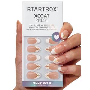 BTArtbox Press On Nails Short - Starlight Frost, 3D Gold French Tip Press On Nails with Glue and Adhesive Tabs for Women in 16 Sizes - 32 Soft Gel Glue On Nails Kit