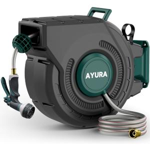 AYURA Retractable Garden Hose Reel 100 ft x 1/2 inch with Pro Metal Shaft, Heavy Duty Automatic Garden Hose Reels with Kink-Free Rewind and Lock at Any Length, Wall Mount Water Hose Reel for Outside