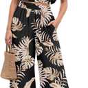 GRECERELLE Two Piece Sets for Women Sleeveless Crop Top Wide Leg Pants Sweat Set for Women Tracksuits 2026 Summer (Small, Black Palm Leaf)