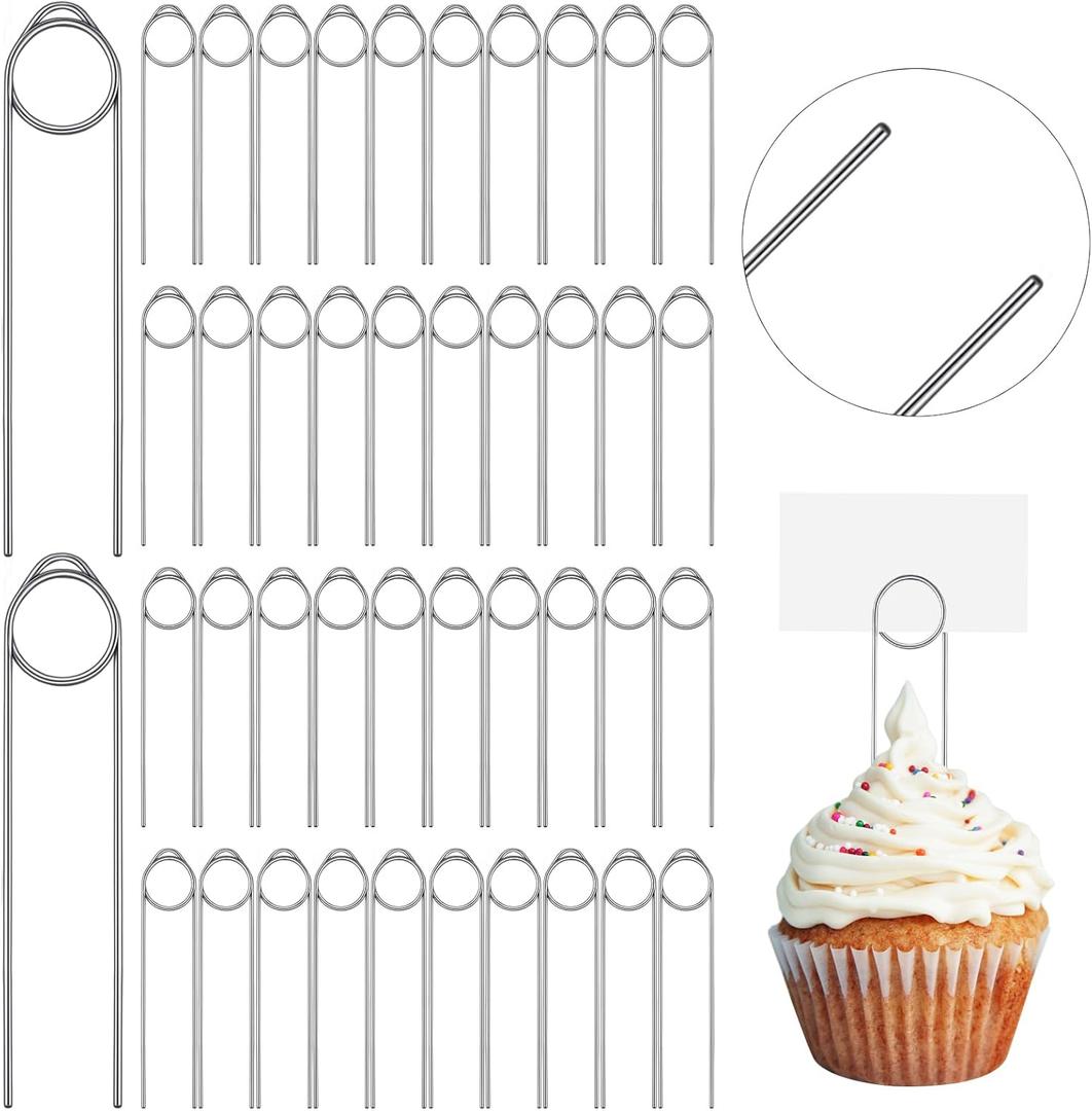 Shimeyao 100 Pcs 5 Inch Floral Card Holder Picks Stainless Steel Pin Sign Holder Pin Wire Card Picture Cake Photo Memo Note Holders Centerpieces for Meat Food DIY Craft Party Accessories Decoration