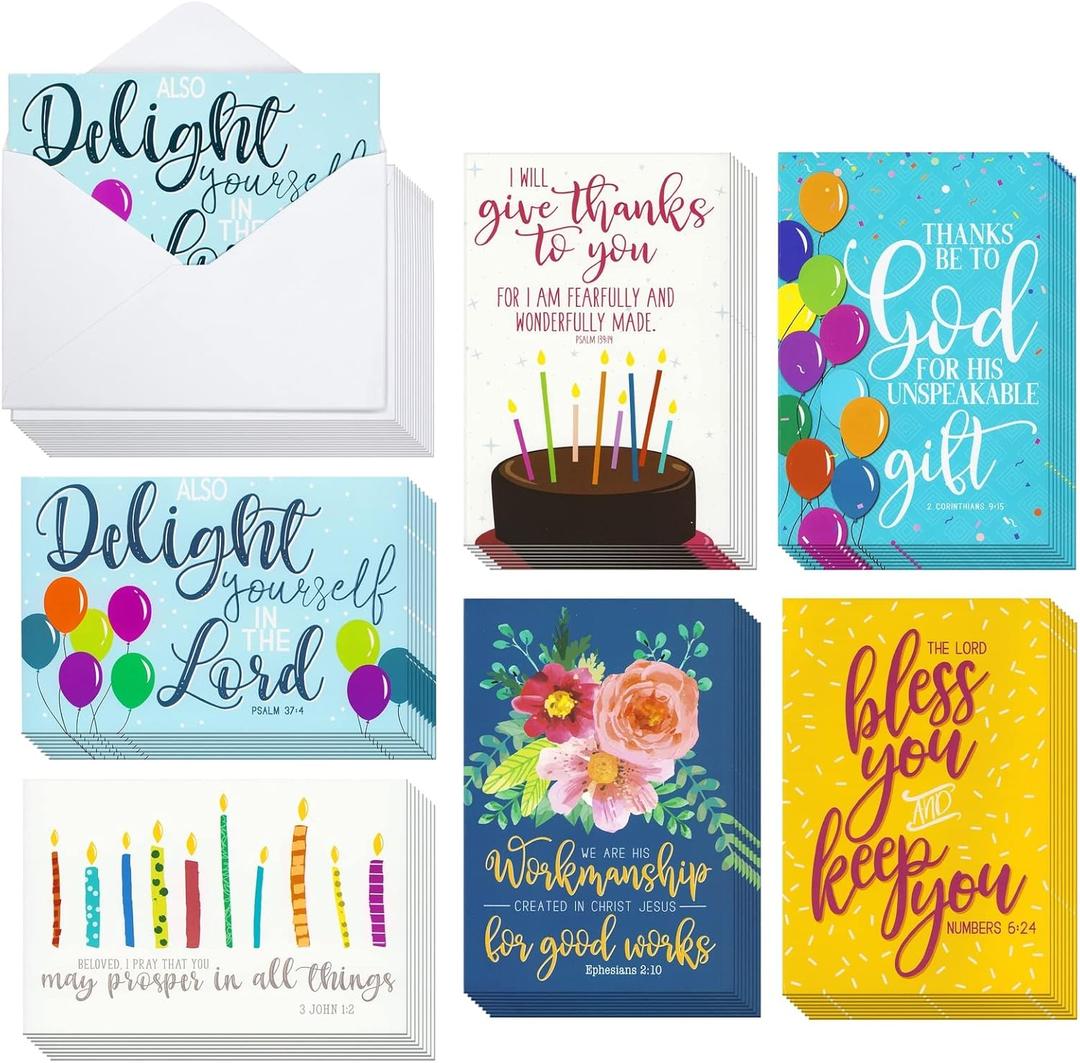 48 Pack Religious Christian Birthday Cards Bulk Set with Envelopes, Bible Verse Design (4 x 6 In Religious Birthday Cards)