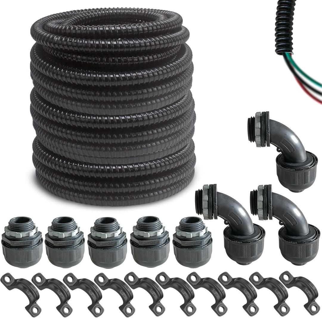 (1/2" Dia * 100 Feet) Yariwiz Black Special Extra Flexible Electrical Conduit Liquid Tight PVC Conduit Kit with 5 PCS Coupling, 5 PCS Elbow and 10 PCS Strap, Sealtight Seal Flex Liquidtight Wire