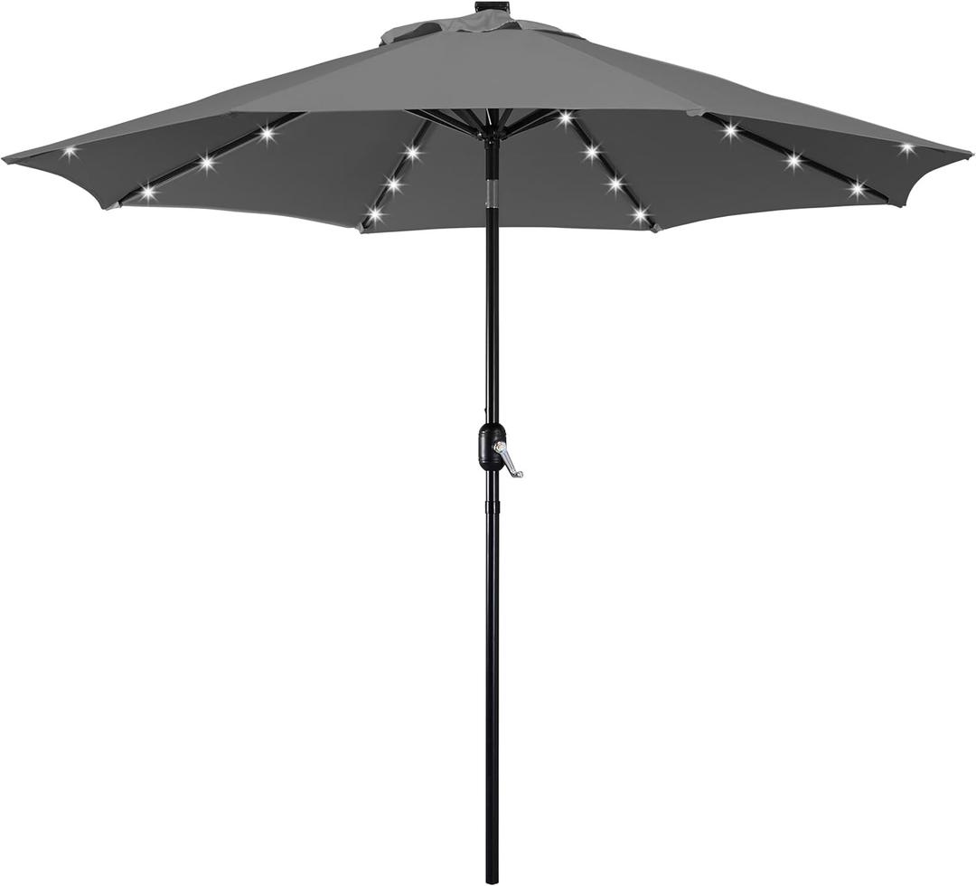 Yaheetech 9FT Solar Powered Patio Umbrella - UV Protection Market Table Umbrella w/ 32 LED Lights & Push Button Tilt & Crank Lift System for Garden/Lawn/Deck/Backyard/Pool, Gray