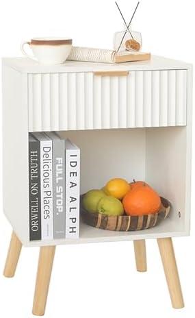 Fultyle White Nightstand, Modern Bedside Table with Drawer and Opening Storage, Fluted End Side Table Living Room with Solid Wood Legs for Bedroom (White)