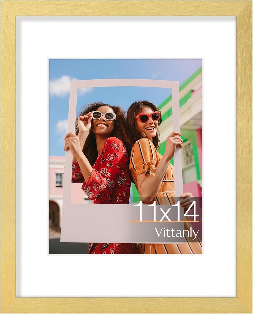 Vittanly 11x14 Picture Frame, Display Pictures 8x10 with Mat or 11x14 without Mat, Engineered Wood with Shatter Resistant Plexiglass, Photo Frame for Wall Mounting, Gold, 1 Pack