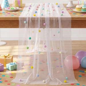 Moukeren 27.5 x 120 Inch 3D Confetti Tulle Table Runner 10 ft Colored Polka Dot Cheesecloth Pastel Table Runner Gauze Rainbow Dining Decor for Birthday Wedding Home Baby Shower(1,Candy Colors)