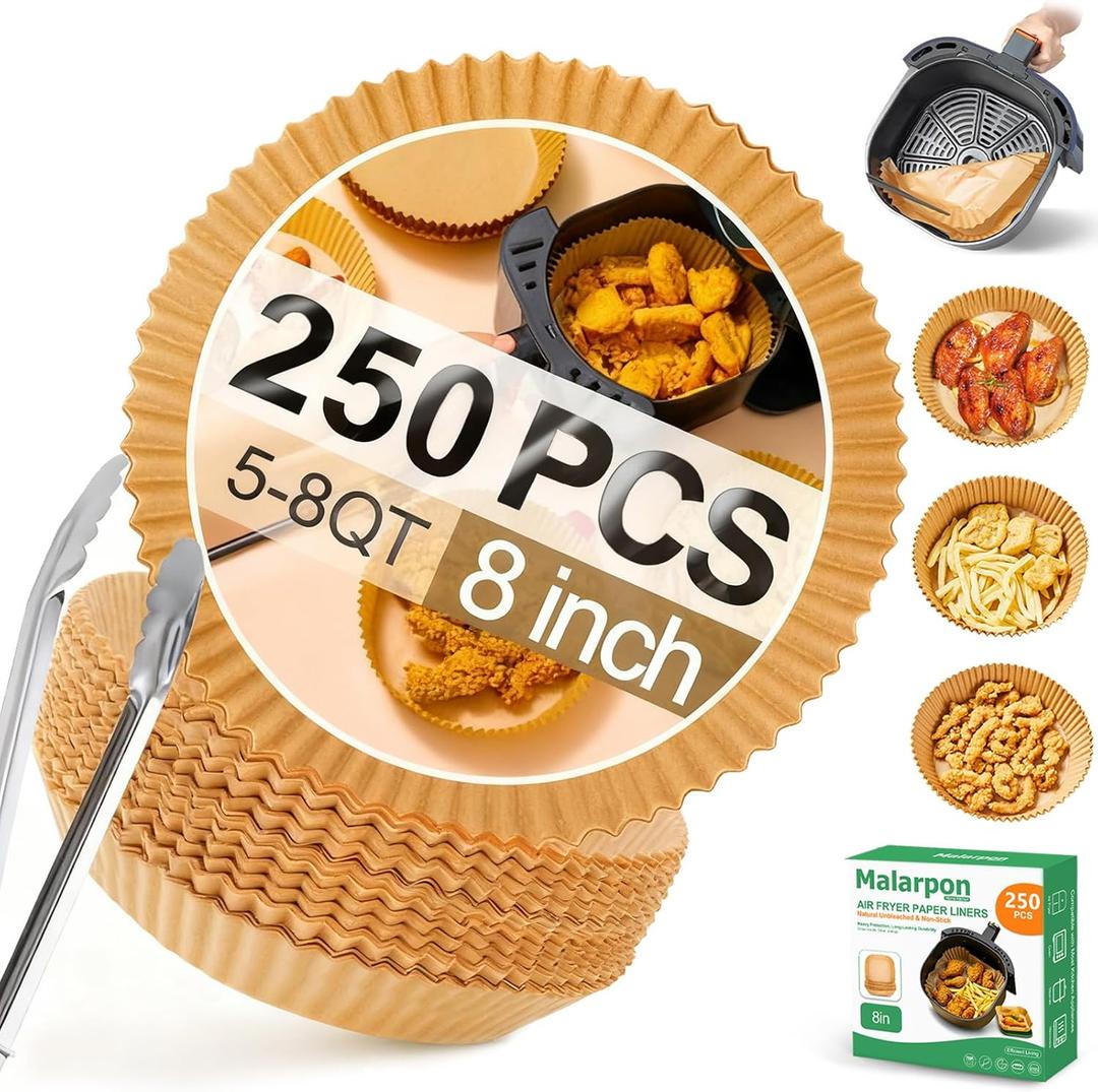 250 Pcs Air Fryer Liners Disposable 8 Inch Round  Non-Stick Oil-Resistant Air Fryer Paper Liners for 58 QT Baskets  Parchment Paper Liners for Air Fryer, Oven, and Microwave Use
