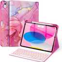 Soke for iPad (A16) 11th/10th Generation Case with Keyboard(2025/2022)-7 Color Backlight Wireless Detachable Folio Keyboard Cover with Built-in Pencil Holder for iPad 11/10.9 inch, HotPink Marble