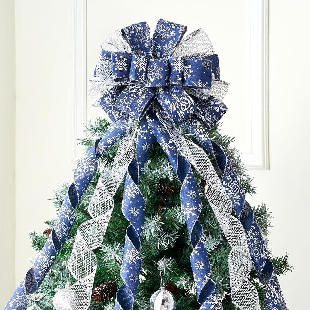 JOIEDOMI 45 Inch Christmas Tree Topper Wreath Bow, Blue and Silver Ribbon Ornaments with Snowflakes and Glitter, Large Gift Decor for Xmas Holiday Themed Decoration Home Parties Wedding