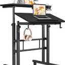 Klvied Height Adjustable Mobile Standing Desk, Tiltable Laptop Desk with Cup Holder & Hook, Portable Rolling Desk with Lockable Casters, Home Office Workstation for Standing/Sitting, Black