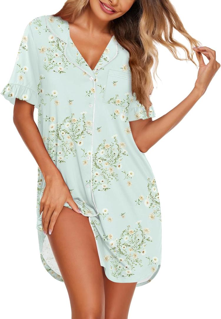 Ekouaer Nightgowns for Women Button Down Sleep Shirts Short Sleeve Night Shirts V Neck Sleepwear Boyfriend Pajama Dress (Large, Light Green Floral)