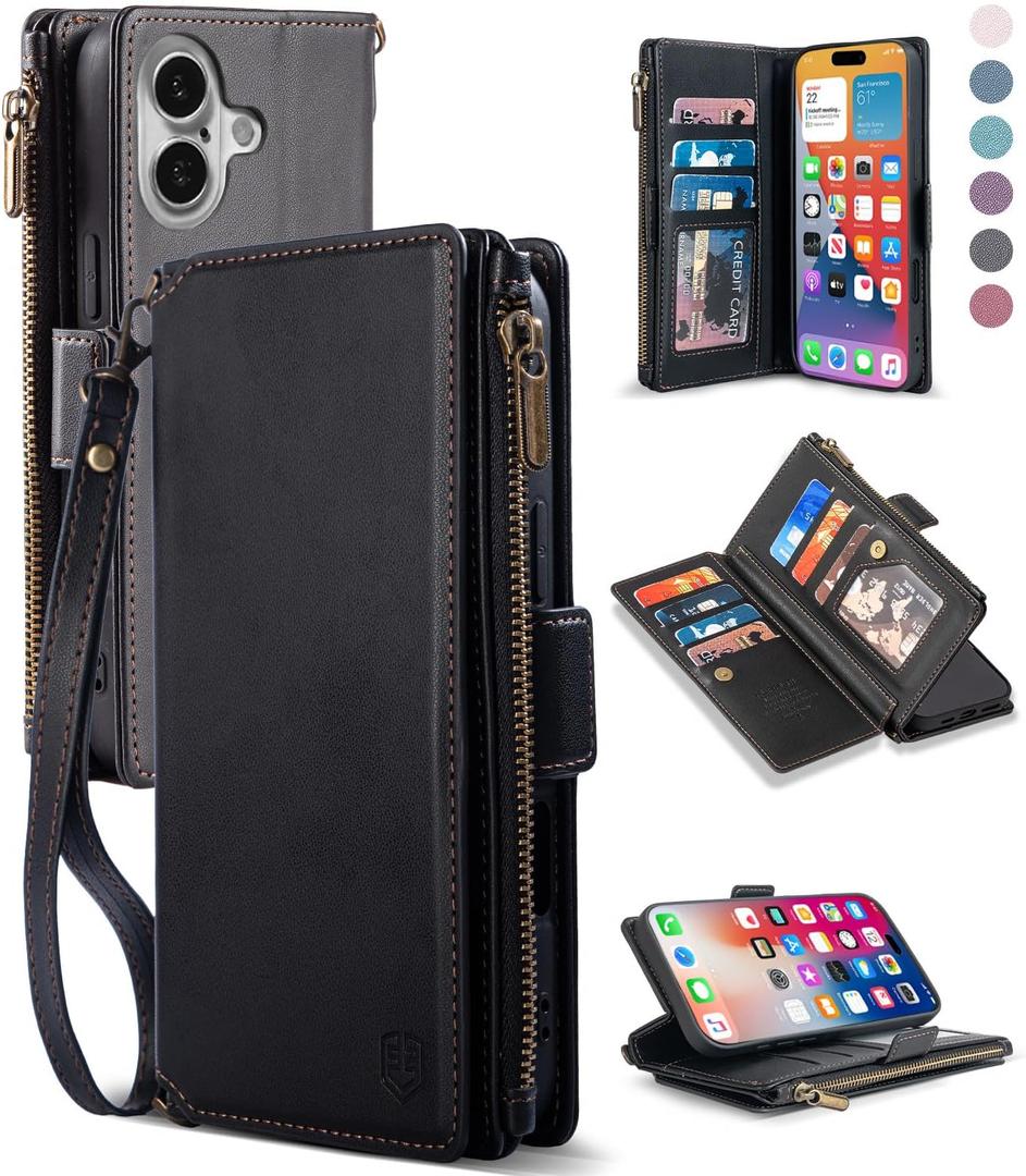 Wallet Case for iPhone 16 Plus 6.7" with Wrist Strap - PU Leather Folio Flip with Credit Card Holder & Kickstand, Protective Cover(Black)
