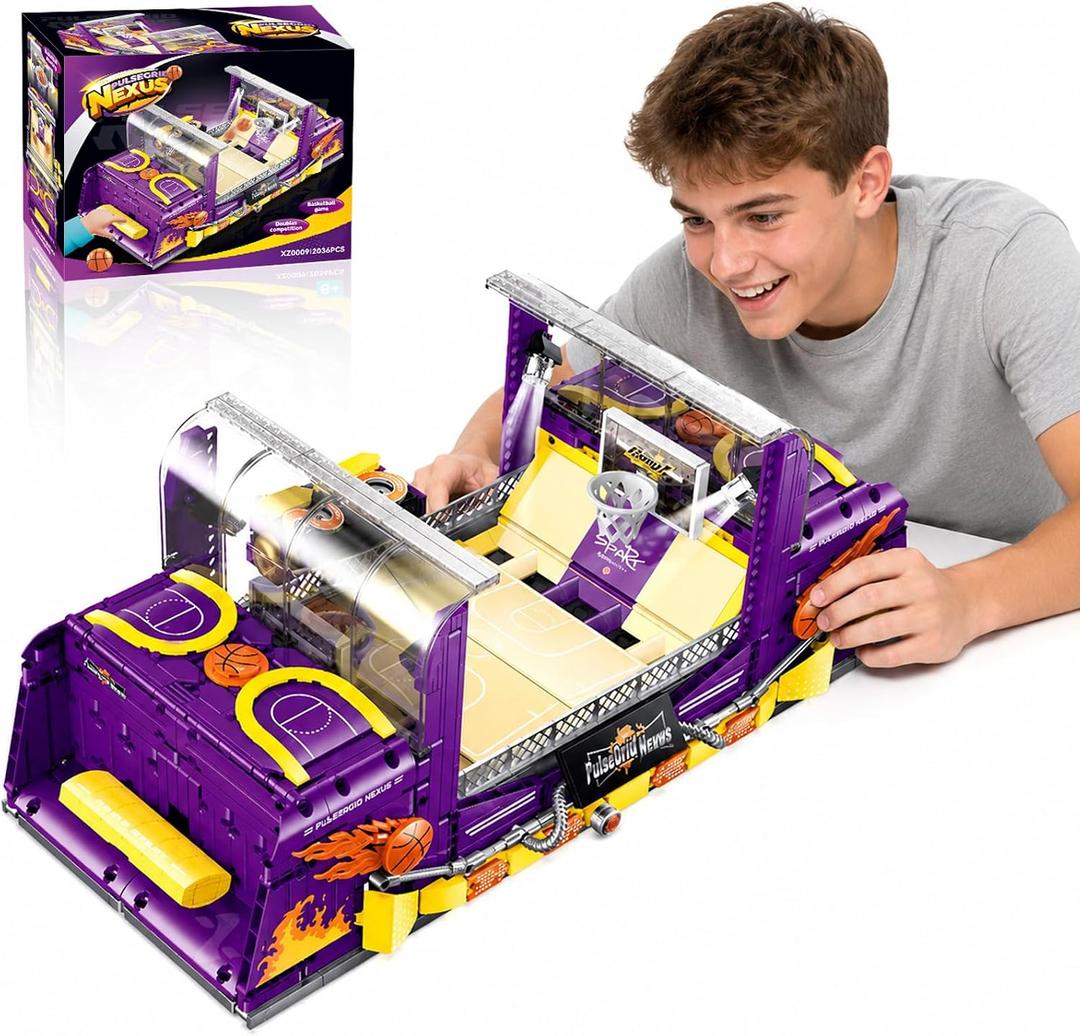 Basketball Shooting Game Console Building Block Set, DIY Basketball Street Game Hall Machine for Families with Music & Moving Hoop,Light, Fun Gifts for Teenagers and Adults 2036PCS