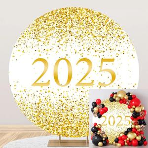Laeacco 6x6ft 2025 Happy New Year Round Backdrop Celebrate New Years Eve Circle Backdrop Cover Glitter Gold Sequin Photography Background for New Year Party Cake Table Decor Portrait Booth Props