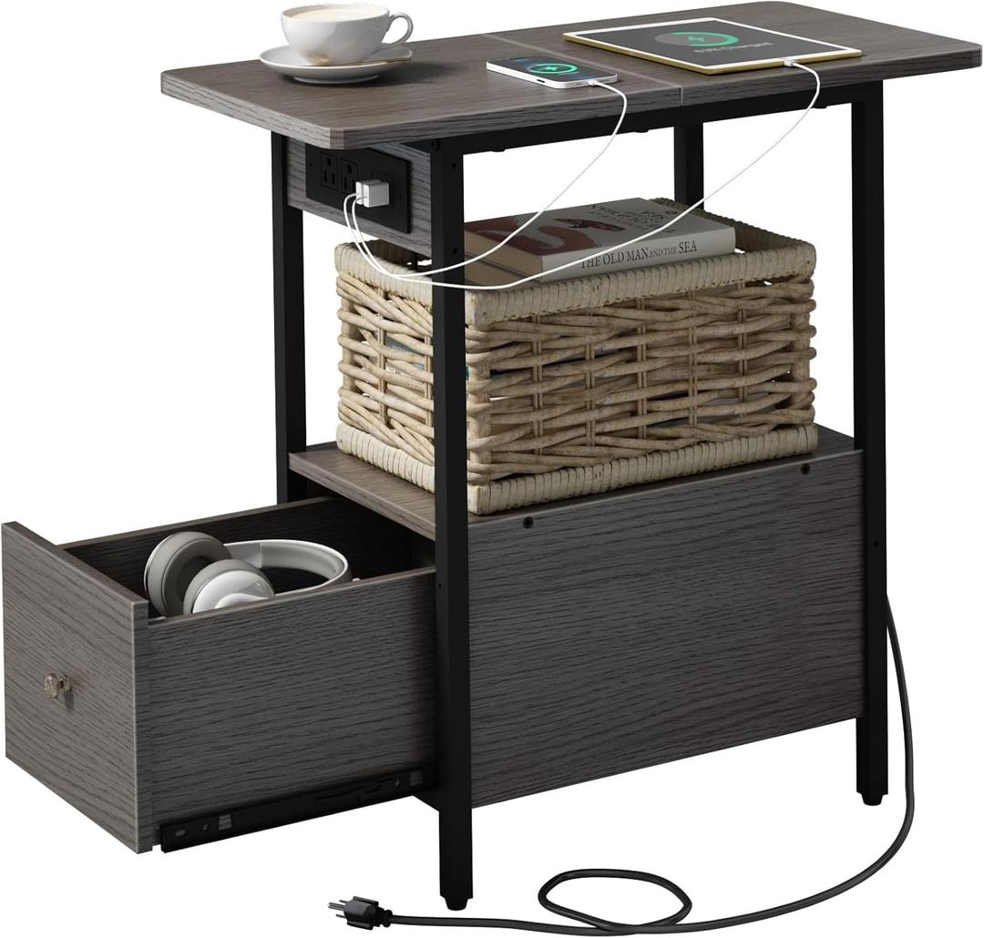 LIDYUK End Table with Charging Station, Narrow Side Table with Drawer and USB Ports & Power Outlets, Nightstand Bedside Tables for Small Spaces, Bedroom, Living Room, Dark Grey
