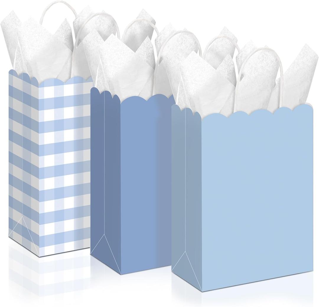 Kolldenn 24 Pcs Blue Gingham Party Supplies Gift Bags with Handles Scallop Kraft Paper Treat Candy Goodie Party Favor Bags for Baby Shower Birthday Wedding Decor