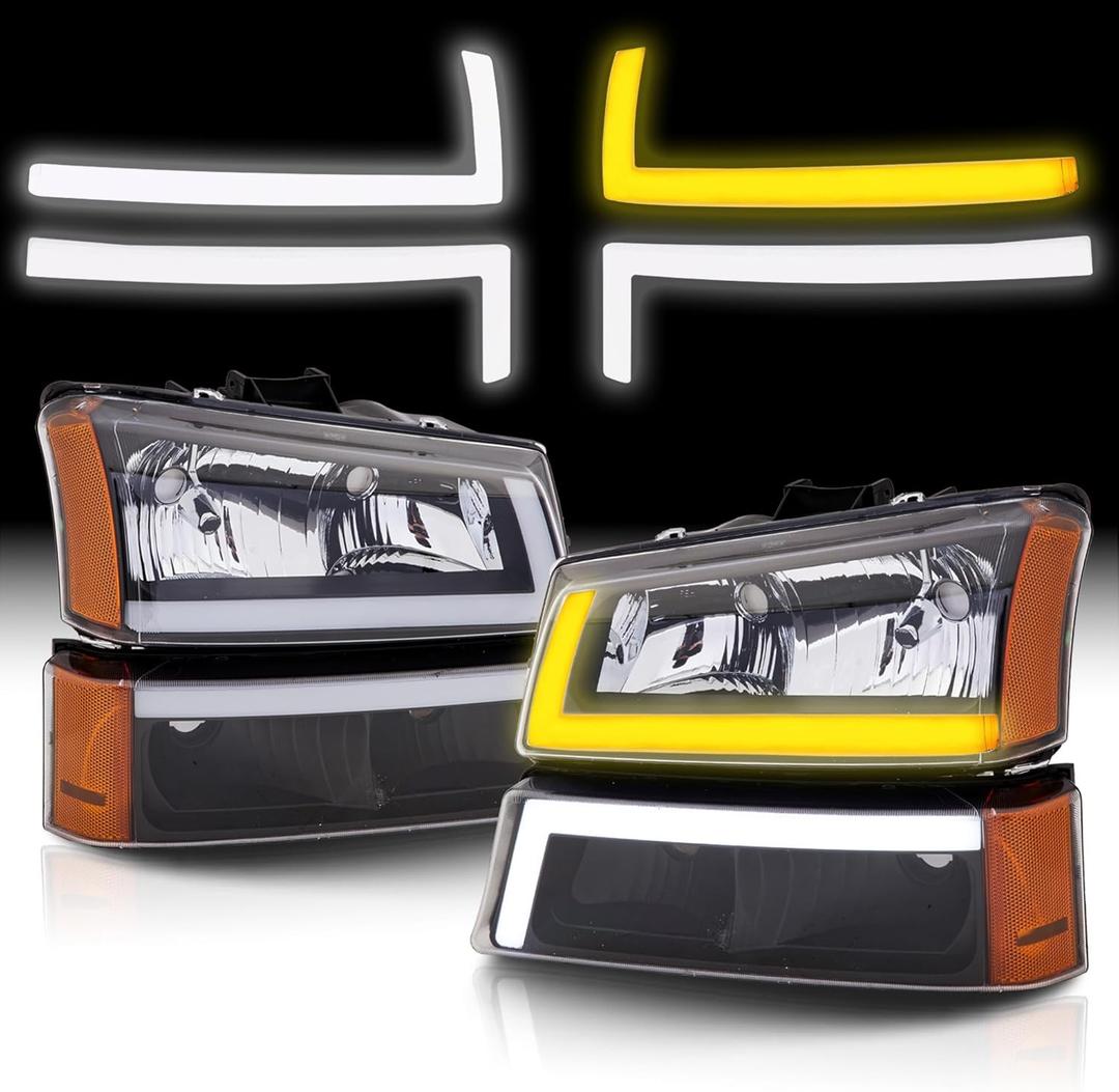 Headlights Assembly w/LED DRL compatible with 2003-2006 Chevy Silverado / 03-06 Avalanche (No Cladding only)with Sequential Tun Signal, Black Housing Amber Side