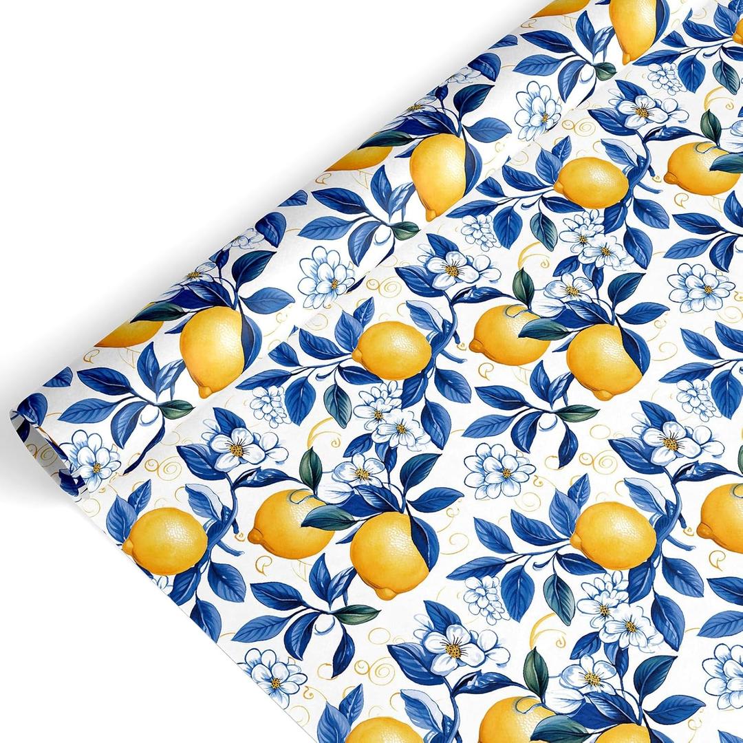 FYSUIMU Lemon Wrapping Paper -Mini Roll- 17 Inch x 32.8 Ft Watercolor Blue Flower Lemon Gift Wrap Paper Art Paper for Summer Birthday Baby Shower DIY Craft