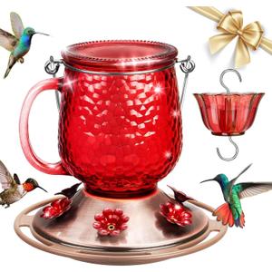 Kingsyard Glass Hummingbird Feeders for Outdoors, 16 Oz Wild Bird Feeder 6 Feeding Ports & Ant Moat Included, Hanging Bird Nectar Feeder Garden Red Dcor Gifts for Mom, Red