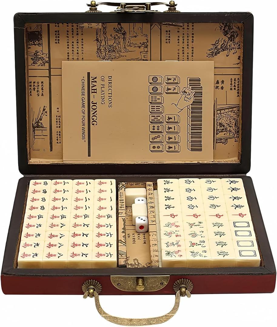 Chinese Mahjong Set, Traditional Majong Sets Chinese with 146PCS 0.87" x 0.59" x 0.47" Mini Mahjong Tiles, 2PCS Dot Dice & 6.7 Wooden Carry Case for Travel, Family Gathering, Party