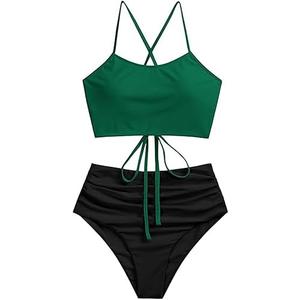 ZAFUL Women's Ruched High Waisted Tankini Swimsuit Criss Cross Bikini Set Tummy Control Bathing Suit 6