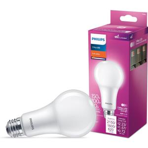 PHILIPS LED 150-100-50W A21 1-Pack 3-Way Soft White (2700K) 2150-1600-620 Lumen (18.5-13-6W = 150-100-50W) Frosted Flicker-Free Light Bulb
