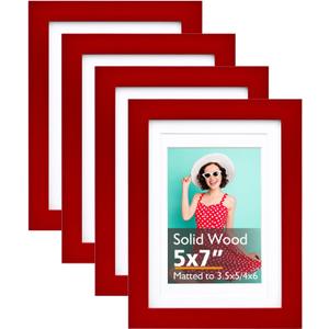 KINLINK 5x7 Picture Frame Red, Solid Wood Frames with Acrylic Plexiglass for 3.5x5/4x6 with Mat or 5x7 without Mat, Tabletop and Wall Display Photo Frame Set of 4