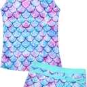 Uhnice Girls Swimsuit Two Piece Tankini Swimwear with Boyshort (10-11 Years, Mermaid Blue)