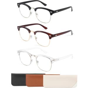 CCVOO 3 Pack Reading Glasses Blue Light Blocking, Retro Semi Rimless Readers for Men Women, Round Eyewear Filter UV400 (C1 Matte Black Silver/Clear Silver/Tea Gold) +1.25