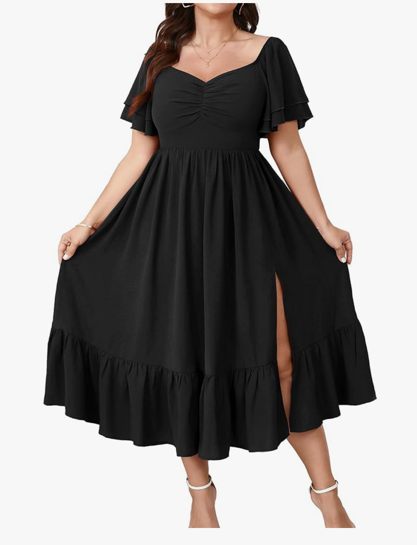 SCOMCHIC Womens Plus Size Wedding Guest Cocktail Dresses Sweetheart Neckline Short Sleeve Smocked Ruffle Slit Maxi Dress Size M