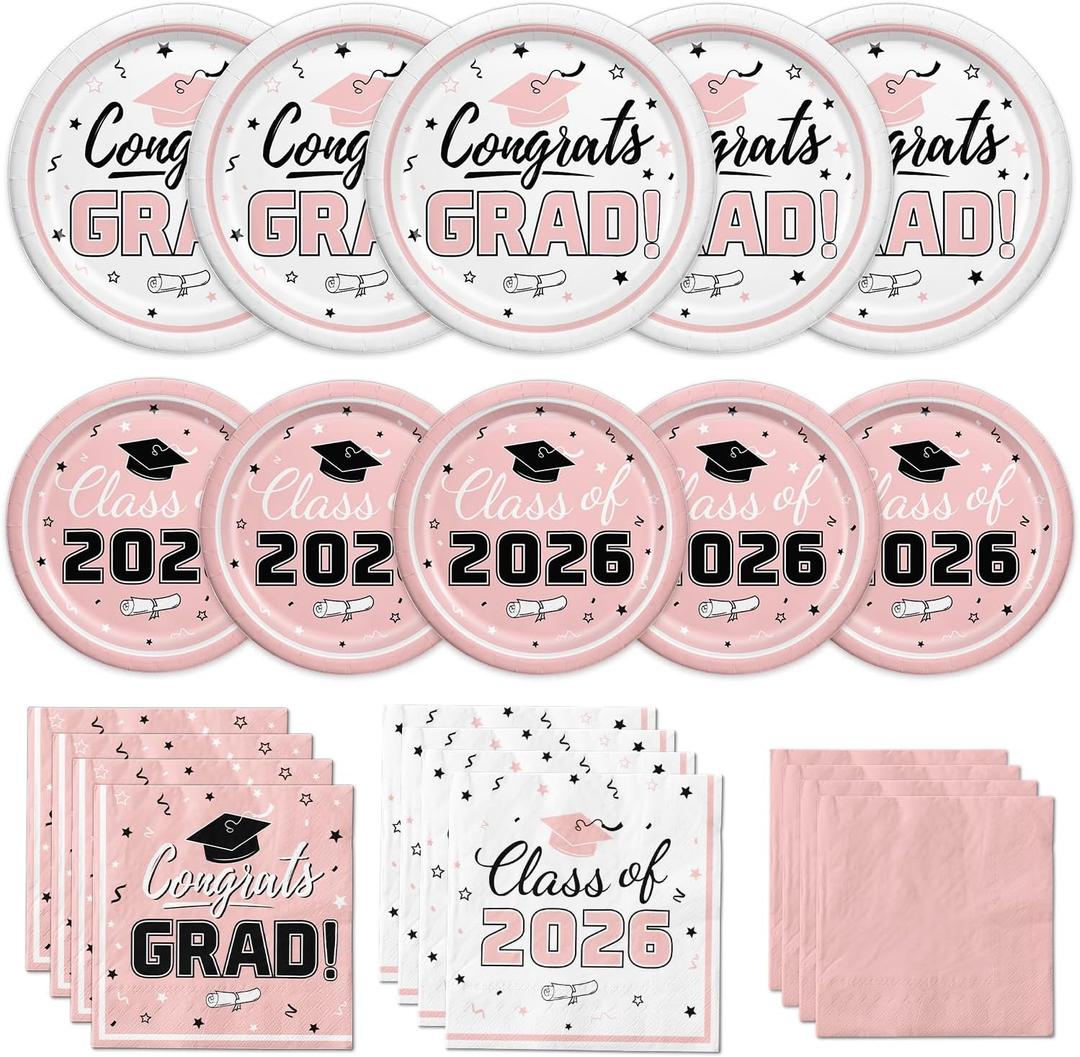 Graduation Party Supplies Kit Serve 50 Graduation Party Class of 2026 Tableware Pink Disposable Dinner Plates Dessert Plates Napkins for Congrats Grad Party Decorations