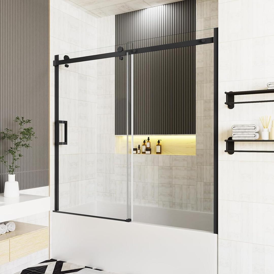 Frameless Bathtub Sliding Shower Door, 5/16" (8mm) Clear Tempered Glass, 56-60" W x 58" H, Quiet Soft-Close, Reversible Installation, SGCC Certified (Matte Black-Bathtub Style A, 60" W x 58" H)