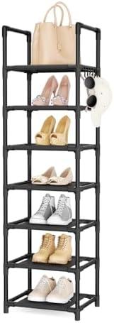 LANTEFUL Tall Shoe Rack 7 Tier Narrow Shoe Shelf Storage for 7-14 Pairs Shoe and Boot, Sturdy Shoe Storage Space Saving Corner Shoe Rack Organizer for Closet, Entryway, Living Room, Black