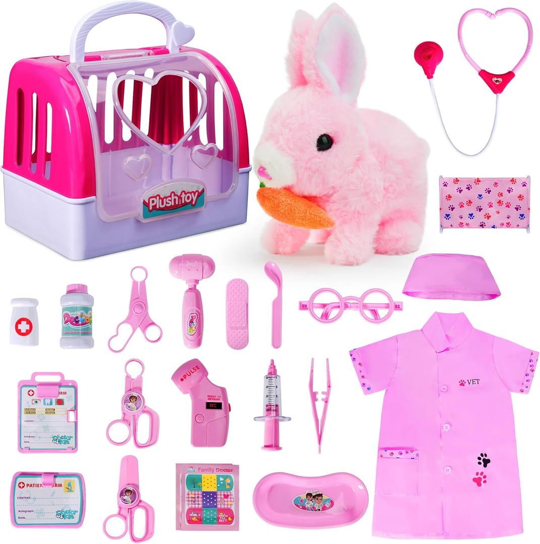 Doctor Kit for Girls -Vet Play Sets for Kids, Pretend Play Doctor Set with Pet Cage and Bunny Toy, Doctor Play Gift for Kids Toddlers Ages 3 4 5 6 Year Old for Role Play (Pink Bunny)