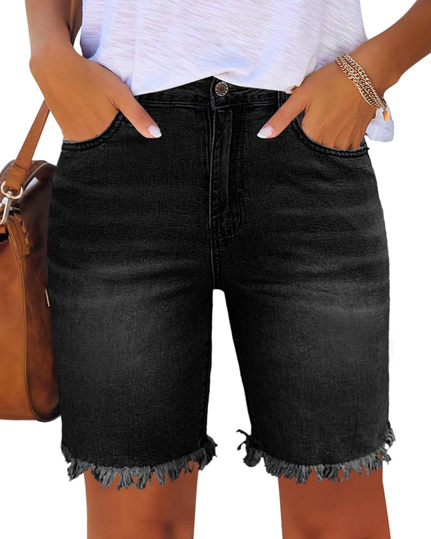 Utyful Women Summer Frayed Ripped Bermuda Shorts Distressed Denim Jeans Short (Medium, Raw Hem-black)