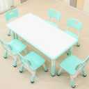 Children's Table and Chair Set Suitable for Boys and Girls Age 2-12 Height Adjustable Table top Can be Painted with 6 Seats Suitable for Family Learning Daily use (Mint Green)