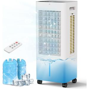 Portable Evaporative Air Cooler for Bedroom: PNTCK Swamp Cooler Fan & Humidifier with 2.1Gal Tank with, Remote, 2 Ice Packs, 3 Speeds, 3 modes, 12H Timer, Evaporative cooler for Room Indoors