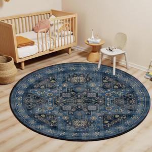 Round Rug 4ft Vintage Boho Small Circular Rug Washable Circle Rug Non-Slip Low Pile for Bedroom Kids Room Office Entryway College Dorm Bathroom, Blue