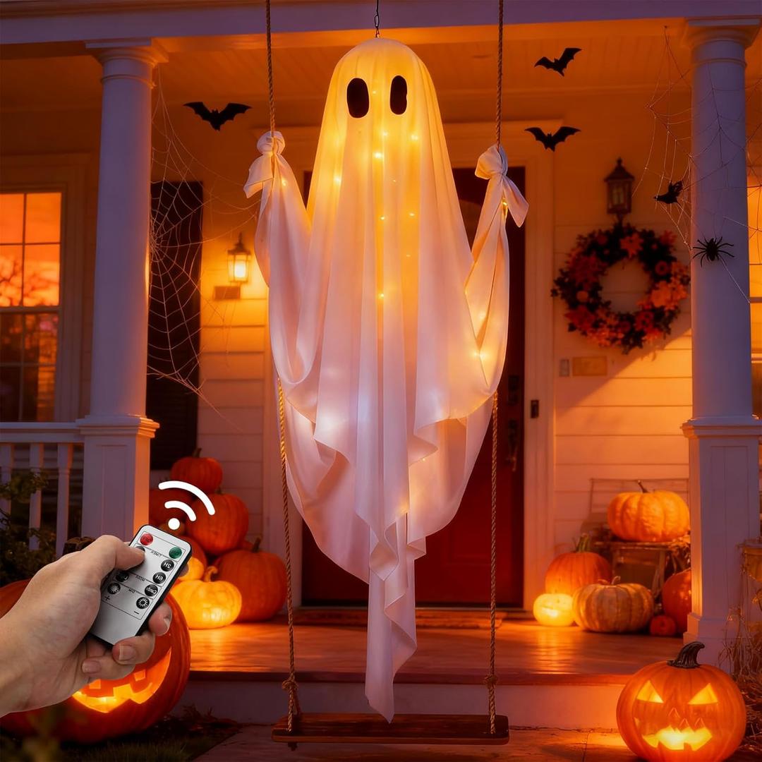 Halloween Decorations Outdoor Large Hanging Swing Ghost with String Lights Remote Control Halloween Swinging Ghost Decor for Tree Porch Yard Garden Lawn