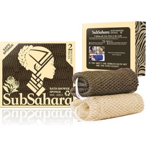 SubSahara Authentic African Net Sponge - 2 Pieces Exfoliating Scrubber for All Skin Types, Bath Sponge for Face & Body, Travel Portable, Durable, Gentle Exfoliation (Linen & Brown)