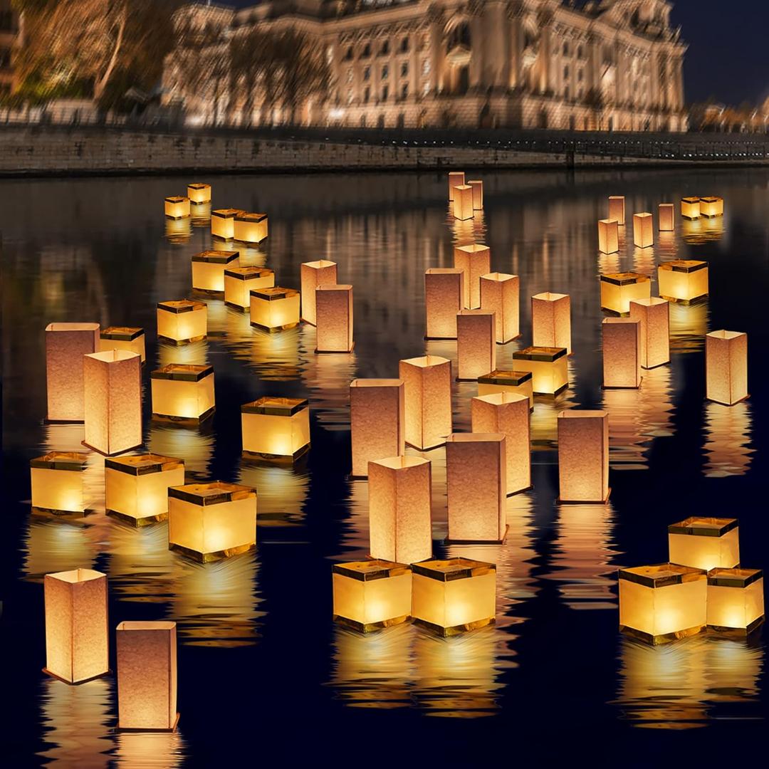 12Pack Floating Lanterns Square Rectangle Sets,Outdoor Lanterns Decorative with Waterproof,Floating Candles for Pool,River,Memorials,Wedding,Bar,and Parties (4Square+8Rectangular)
