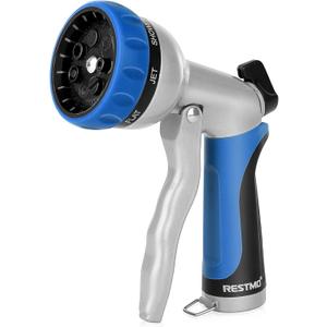 RESTMO Garden Hose Nozzle, Heavy Duty Metal Water Hose Nozzle with 7 Adjustable Spray Patterns, High Pressure Hand Sprayer with Flow Control, Best for Watering Plant & Lawn, Washing Car & Pet, Blue