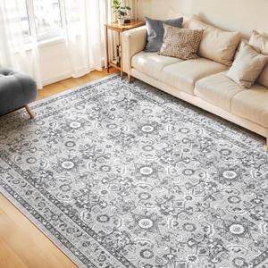 WITSHOCK 9x12 Area Rugs for Living Room: Floral Washable Rug Vintage Large Soft Boho Non-Slip Carpet Indoor Floor for Bedroom Dining Room Farmhouse Nursery Home Office, Grey