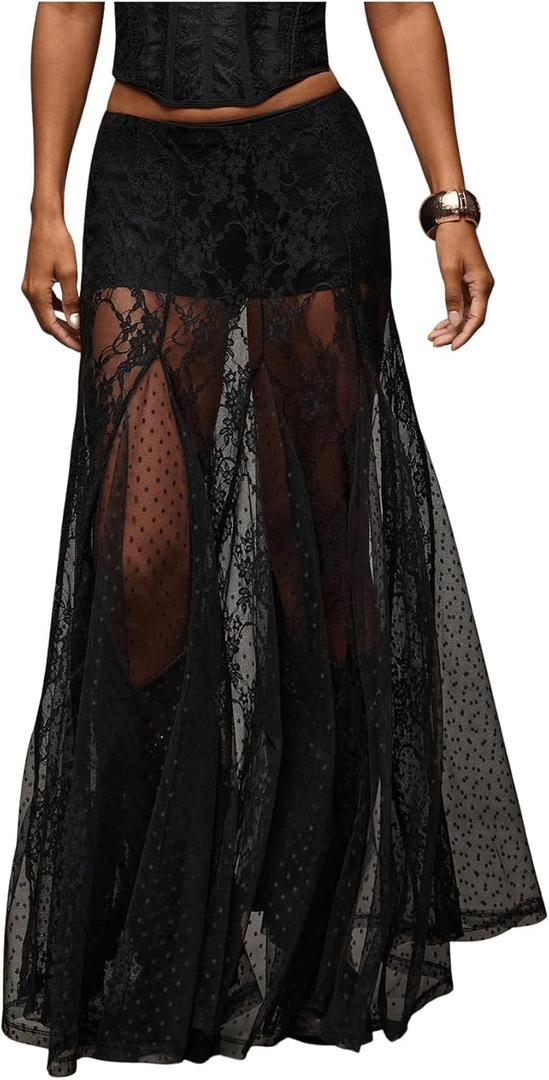 WDIRARA Women's Sexy See Through Sheer Lace Maxi Skirt Low Waist A Line Flowy Long Mesh Skirt Black, Small