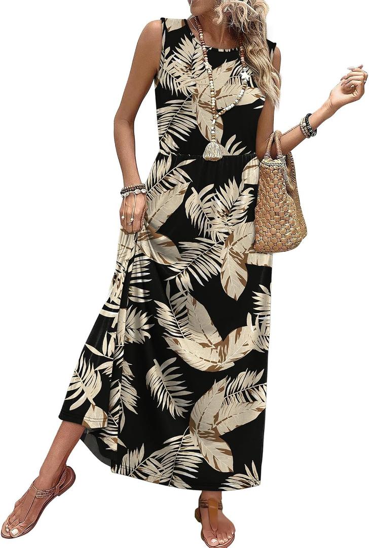 WIHOLL Summer Dresses for Women 2026 Maxi Dresses Long Flowy A Line Sleeveless Sundresses with Pockets (Black), Large