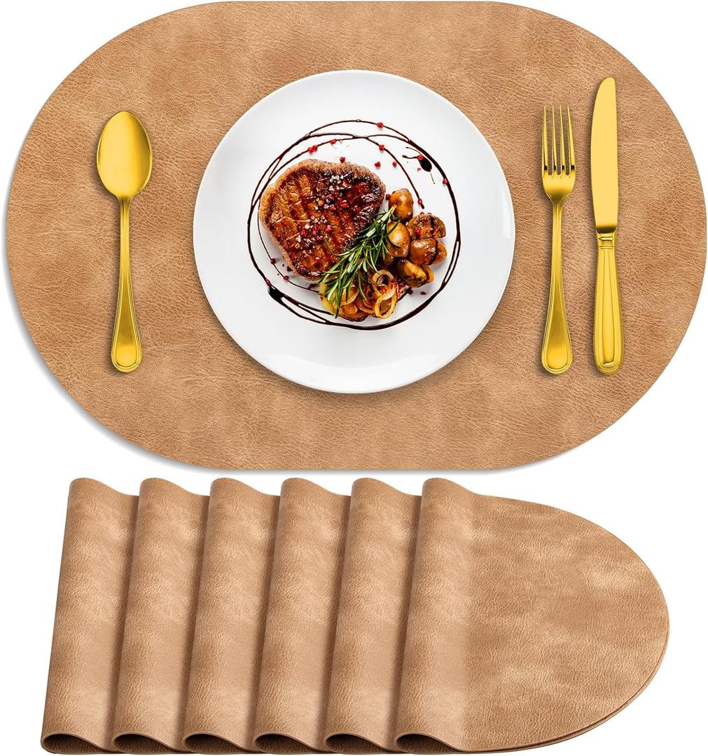 ADRIMER Placemats, Heat Resistant Oval Placemats Set of 6 Washable 12 x 17 Inch, Waterproof Table Mats, Wipeable Pu Place Mats for Kitchen, Dining Room, Light Brown (Camel)