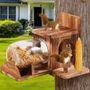 Squirrel Feeder, Wood Squirrel House, Squirrel Feeders for Outside Garden Tree, Chipmunk Feeder for Corn Peanuts, Removable Storage Bottle, 2 Stable Squirrel Stools (11.8 in)